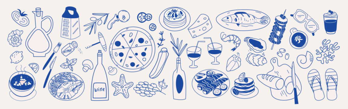 Hand drawn set of various Mediterranean food and drinks. Family dinner, picnic, breakfast with wine,   snacks and pasta. Table setting drawings for cafe or restaurant menus design. Vector illustration