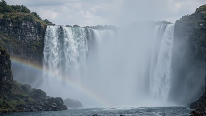 Fototapeta premium Experience the power of nature with a majestic waterfall against a rugged backdrop shrouded in mist and crowned by a subtle rainbow