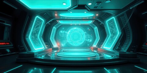 Fototapeta premium Futuristic Sci Fi Spaceship Corridor Interior Neon Lights Holographic Display