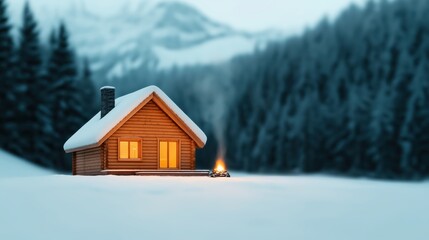 Cozy winter cabin surrounded by snow-covered pine trees and smoke rising from the chimney in a tranquil landscape