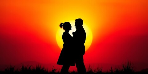 Fototapeta premium Silhouette of embracing figures against a vibrant sunset, calm, near