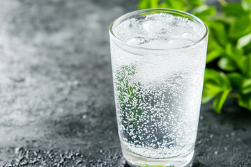 Glass of water with dissolving vitamin in a clear beverage surrounded by fresh greenery