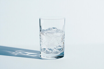 Glass of clear water with ice and dissolving vitamin tablet on a white background