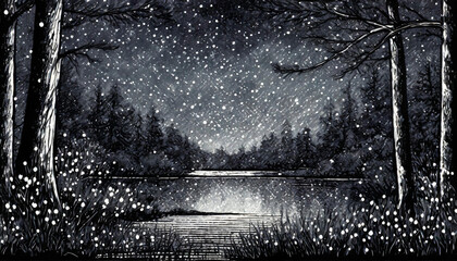 Obraz premium Deep in the forest, beautifully twinkling little fireflies - 깊은 숲, 아름답게 반짝이는 작은 반딧불, 자연 풍경