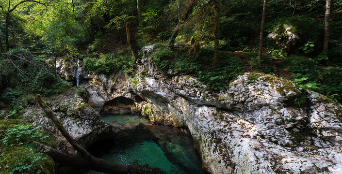 Beautiful water cascades or small waterfall in the valley of Lepena, Slovenia