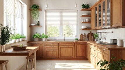 Sunny kitchen with wooden cabinets, plants, and breakfast nook