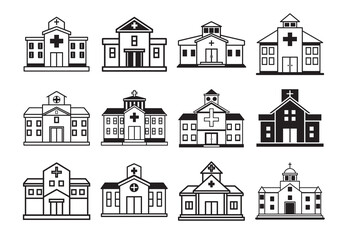 Hospital building silhouette Vector Set