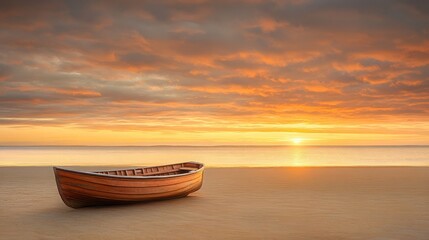 Serene Sunset Beach Scene with Wooden Rowboat at Golden Hour