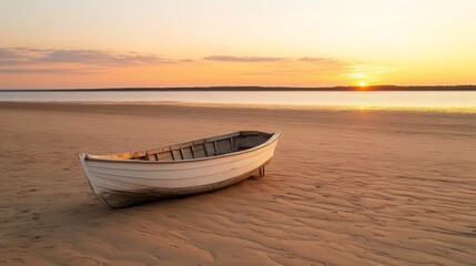 Serene Sunset Wooden Rowboat on Sandy Beach at Golden Hour