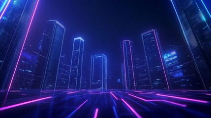 Futuristic Cityscape at Night Neon Lights Glow on Skyscrapers Digital City