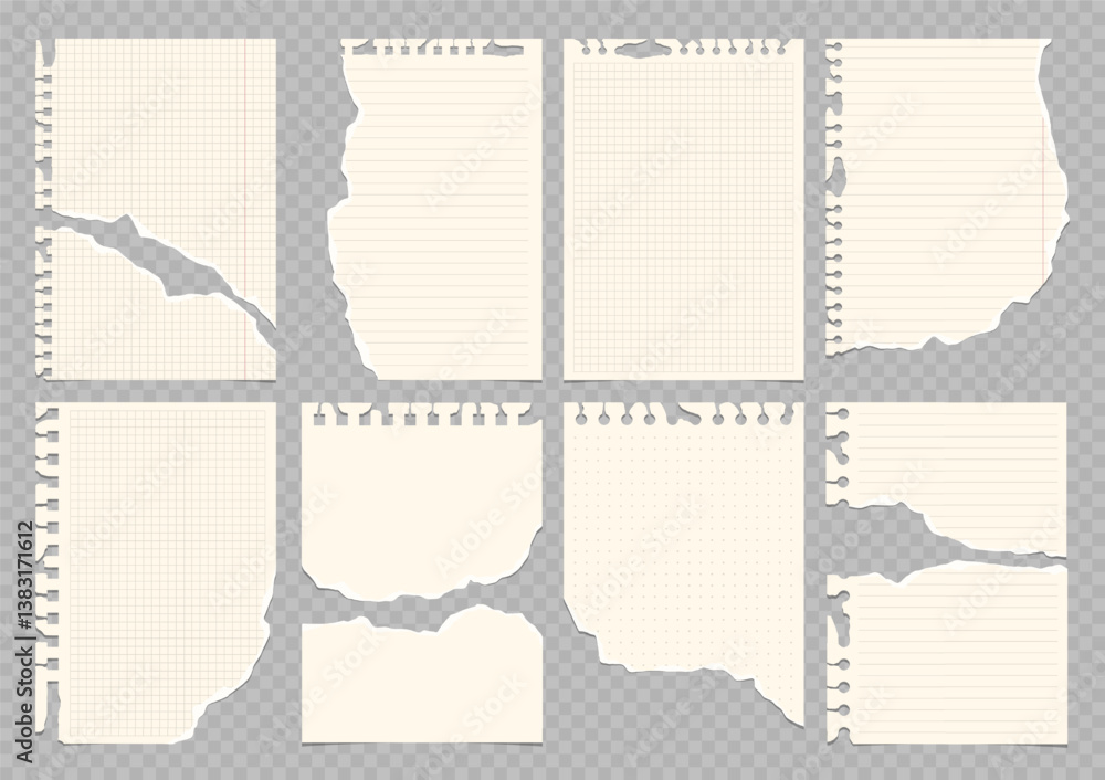 Poster set of torn lined and squared paper. torn sheet of paper from a notebook with rough edges. vector il