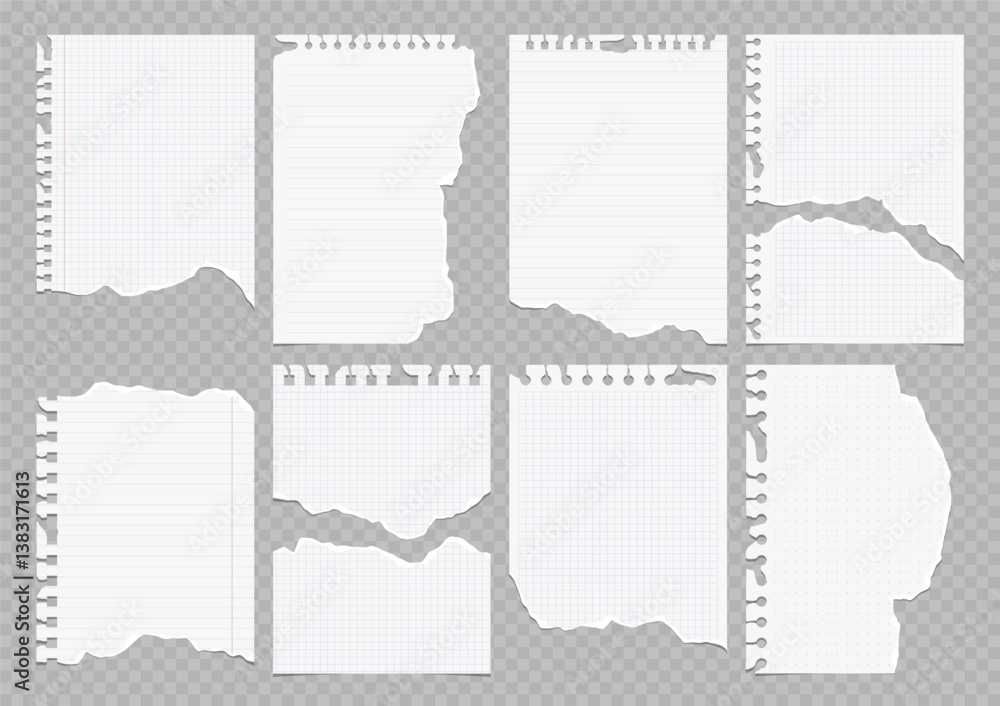 Poster set of torn lined and squared paper. torn sheet of paper from a notebook with rough edges. vector il