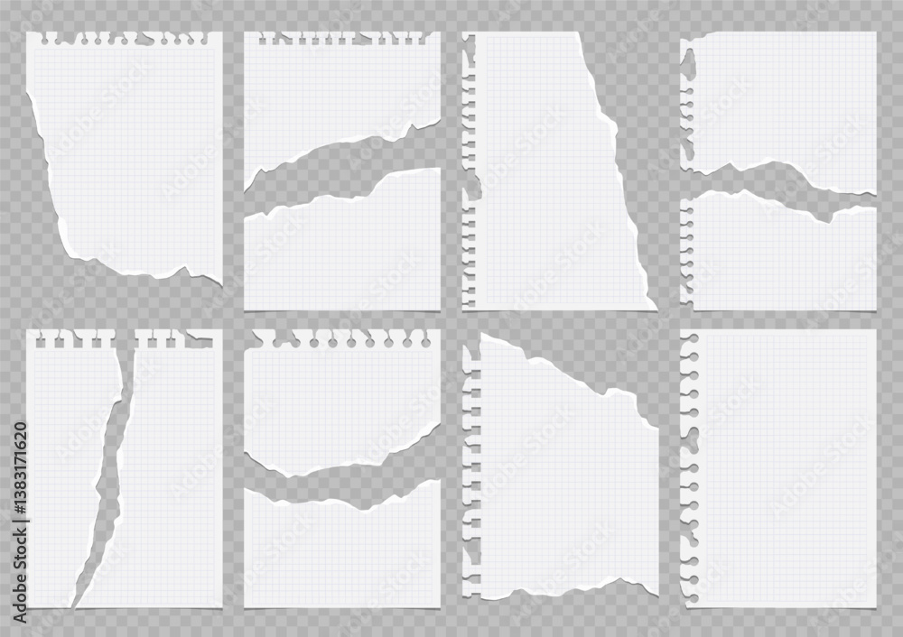 Fototapete set of torn lined and squared paper. torn sheet of paper from a notebook with rough edges. vector il