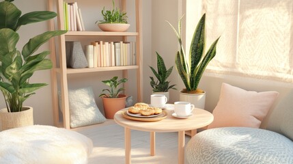 Cozy sunlit room, coffee, pastries, plants. Relaxation, home decor