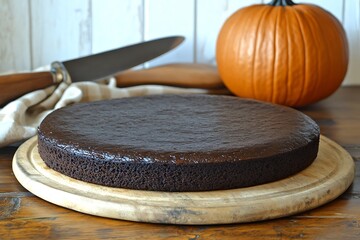 Obraz premium Deliciously moist chocolate cake adorned with decadent ganache and autumnal pumpkin