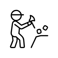 Geologist mining stones with an axe against a simple background  