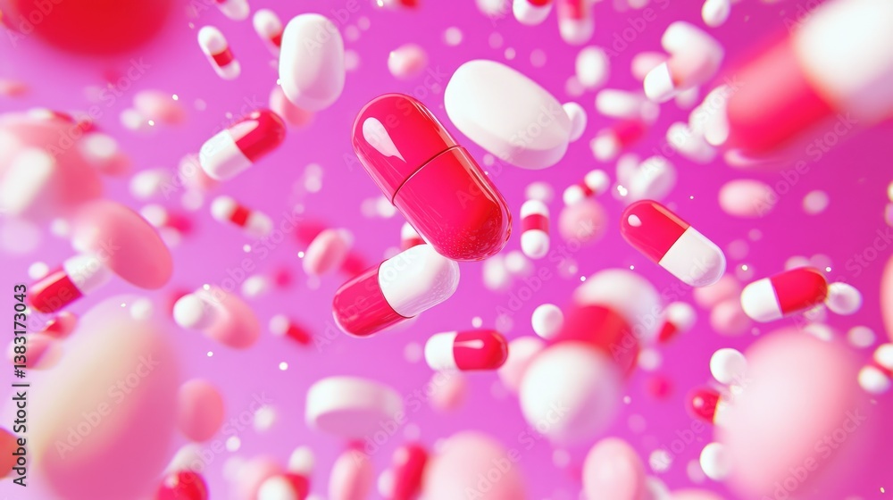 Poster microscopic view of drug formulation with molecular structures in a high-tech lab.