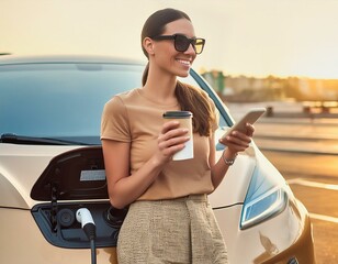 Young beautiful woman with smartphone drinking coffee from disposable coffee cup while charging electric car at station ecology nature concept.