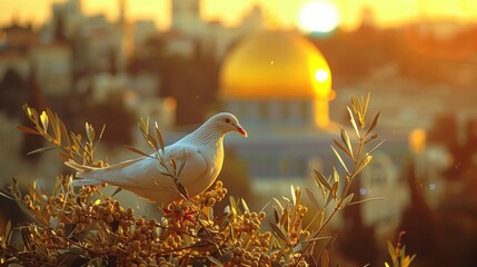 Fototapeta premium Peaceful Dove at Sunrise over Jerusalem
