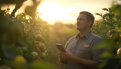Farmer Checks Prices - Tariff Impact on Citrus Orchard at Sunset