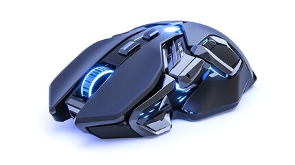 Fototapeta premium Detailed Wireless Gaming Mouse with Blue Lighting on a Clean White Background