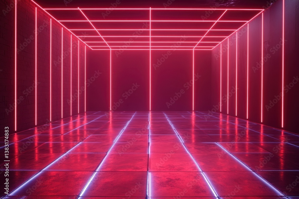 Poster futuristic architectural space with vibrant red neon lights reflecting on a tiled floor creating a m