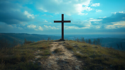 a website hero image with a wooden cross standing on a hilltop,