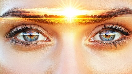 close-up of eyes with a double exposure of a glowing sun rising over a field, symbolizing the dawn of a new day, hope, and the realization of future dreams. [Close-up of eyes]:[hopes and dreams 