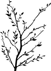 black and white silhouette of a twig with leaves, minimalist vector illustration