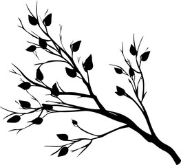 black and white silhouette of a twig with leaves, minimalist vector illustration