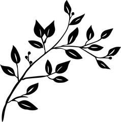 black and white silhouette of a twig with leaves, minimalist vector illustration