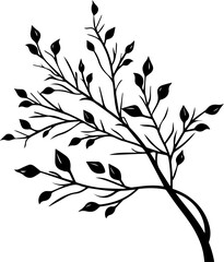 black and white silhouette of a twig with leaves, minimalist vector illustration © Sai.K