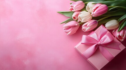Fototapeta premium Elegant pink gift box with satin ribbon beside fresh tulips, perfect for Valentine's Day or Mother's Day promotions with a romantic and gentle mood.