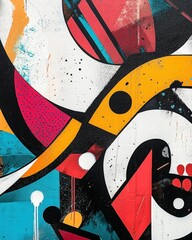 Urban-inspired abstract art with graffiti-style elements and bold typography