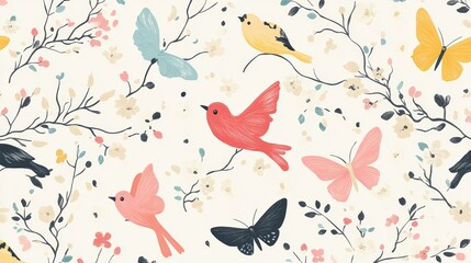 Whimsical Springtime Floral Pattern: Birds and Butterflies in Bloom