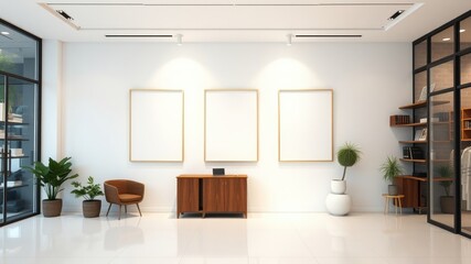 Modern minimalist waiting area with wood cabinet, potted plants, and blank frames