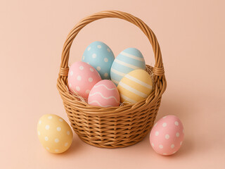 Wicker Easter Basket with Colorful Decorated Eggs on Pastel Peach Background