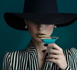A person in a black-and-white striped suit, gold lipstick, holding a blue martini, wearing a black hat and black nails.