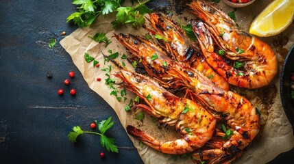 Grilled prawns seasoned with aromatic herbs and citrus create a flavorful seafood dish.