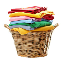 A wicker basket filled with a colorful stack of folded clothes on a black isolated background view