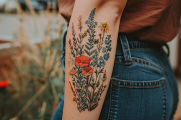 Colorful Wildflower Tattoo on Arm