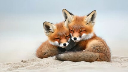 Wild baby red foxes cuddling on the beach