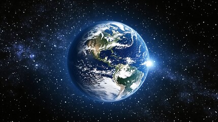 Obraz premium Earth View from Space with Clouds, Continents, and Visible Sunlight on Globe