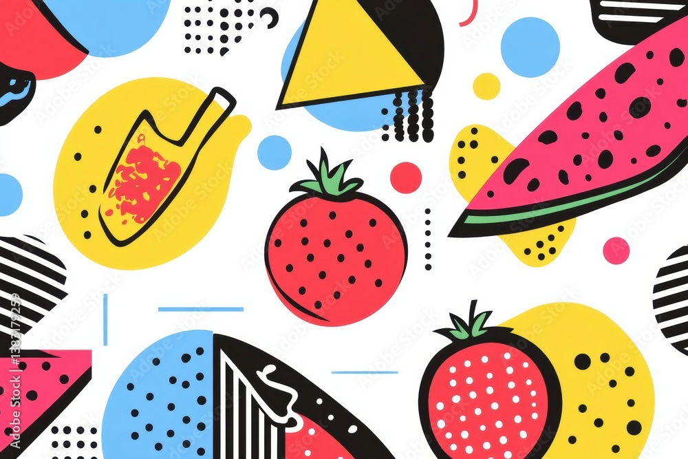 Poster colorful memphis-style pop-art background featuring abstract food shapes and geometric elements for 