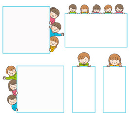 横からひょっこり顔を出す子どもたちと、下を見る子どもたちのイラストセット（コピースペース付き）