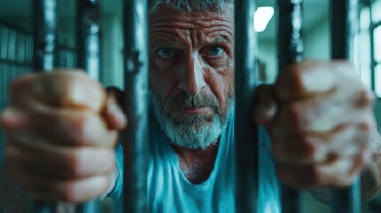 A middle-aged man with a rugged beard and intense gaze appears behind prison bars, portraying a sense of confinement and the weight of his experiences etched on his face.
