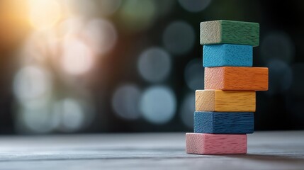 A vibrant arrangement of colorful wooden blocks stacked neatly against a softly blurred background, evoking feelings of creativity and playful imagination.