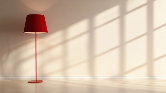 This stylish red floor lamp elegantly casts shadows in a well-lit room, emphasizing a contemporary decor style and creating a warm, inviting atmosphere.