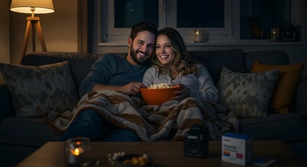 Obraz premium A couple enjoying a relaxing movie night at home, cuddling under a cozy blanket and eating popcorn. A warm and intimate scene.