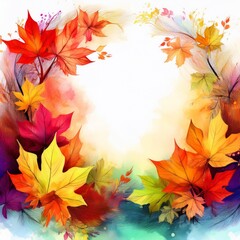 Fototapeta premium beautiful border frame of autumn-themed painting with autumn leaves and soft abstract white background with copy space